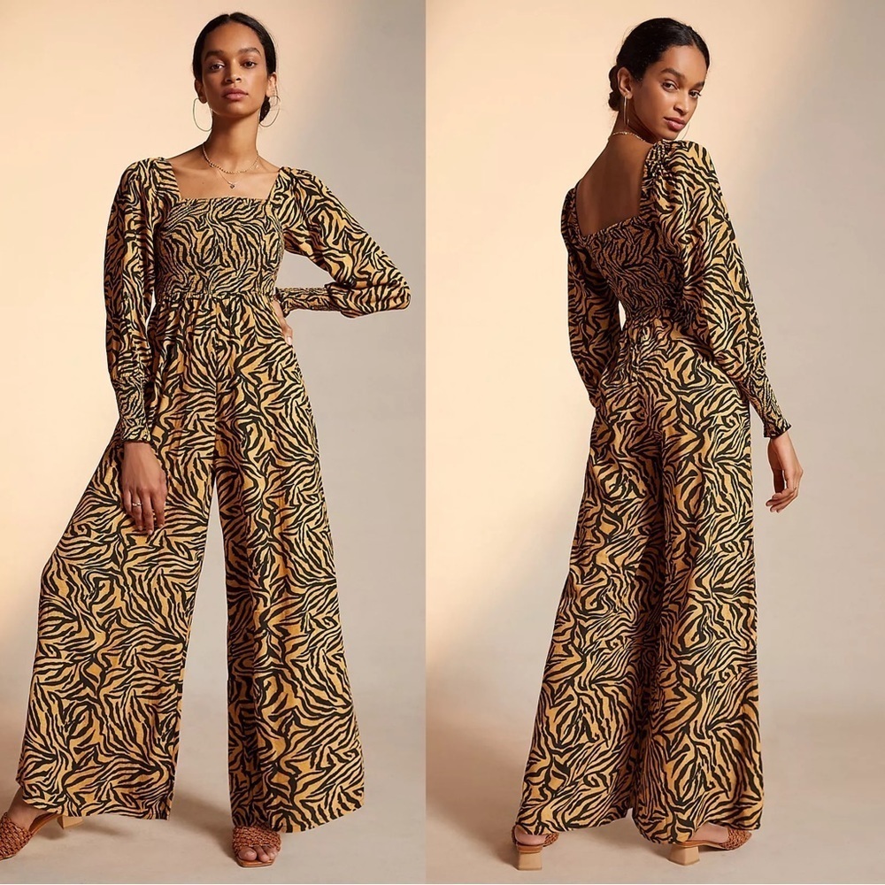 Kachel x Anthropologie • Tiger-Striped Jumpsuit wide leg palazzo smocked - Picture 11 of 11